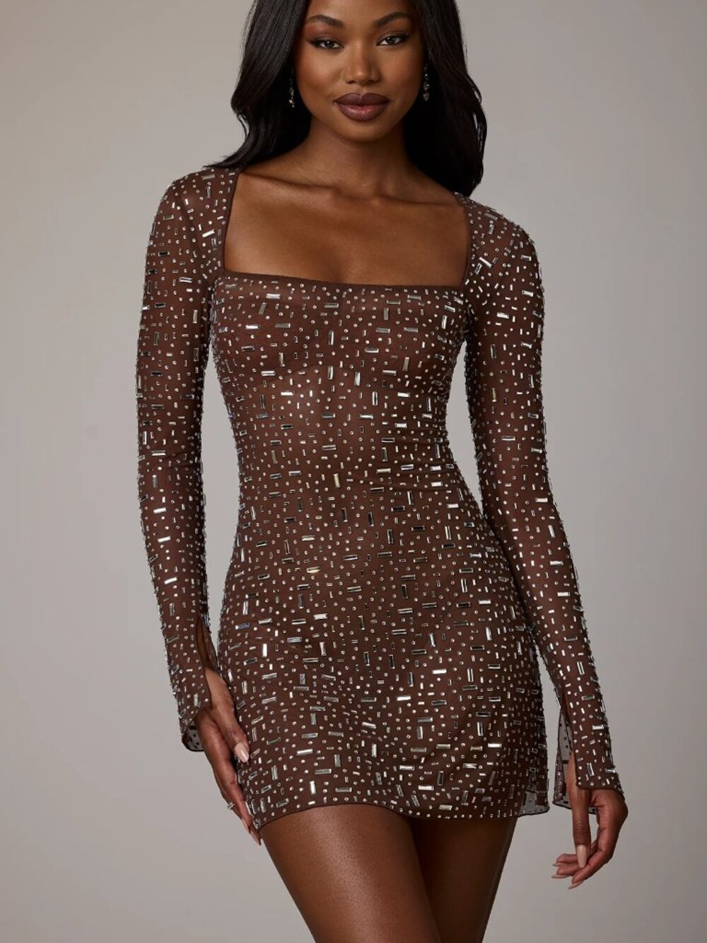 Oh Polly Size 2 Sheer Embellished long sleeve A-line mini dress